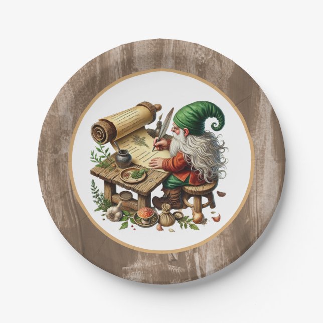 Cute writing gnome party paper plate (Front)