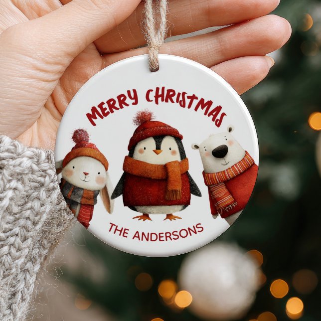 Cute Xmas Animals Merry Christmas Family Name  Ceramic Ornament (Creator Uploaded)