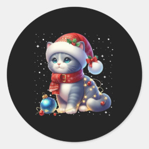 Cute Xmas Black Cat Santa Hat Tangled Up In Christ Classic Round Sticker