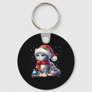 Cute Xmas Black Cat Santa Hat Tangled Up In Christ Key Ring