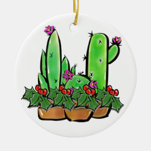 Cute Xmas Cactus Trio Illustration Ceramic Ornament