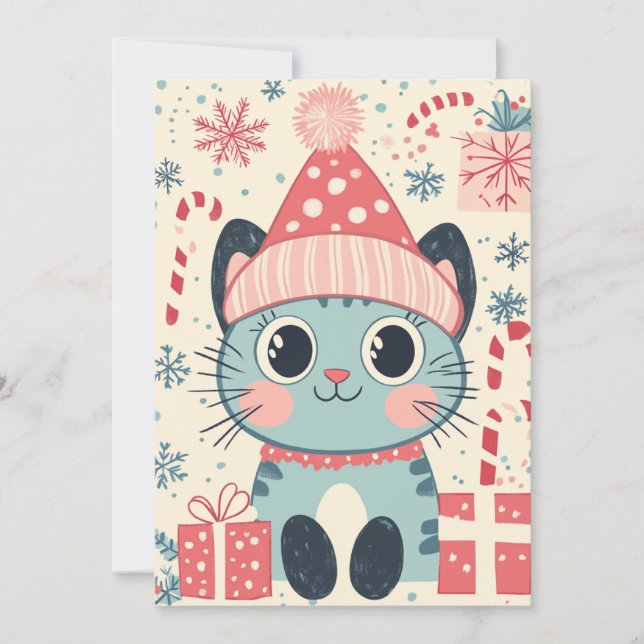 Cute Xmas Cat  Candy Cane Gifts Custom Text Holiday Card (Front)