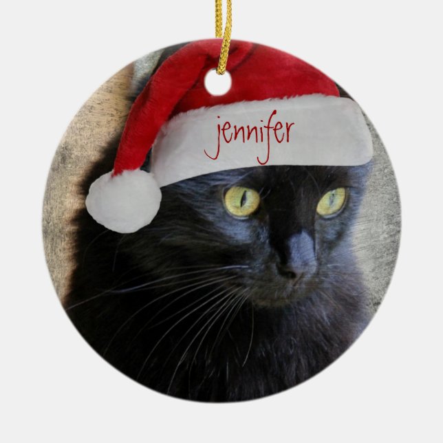 Cute Xmas Cat, red back, personalised name/year Ceramic Ornament (Front)
