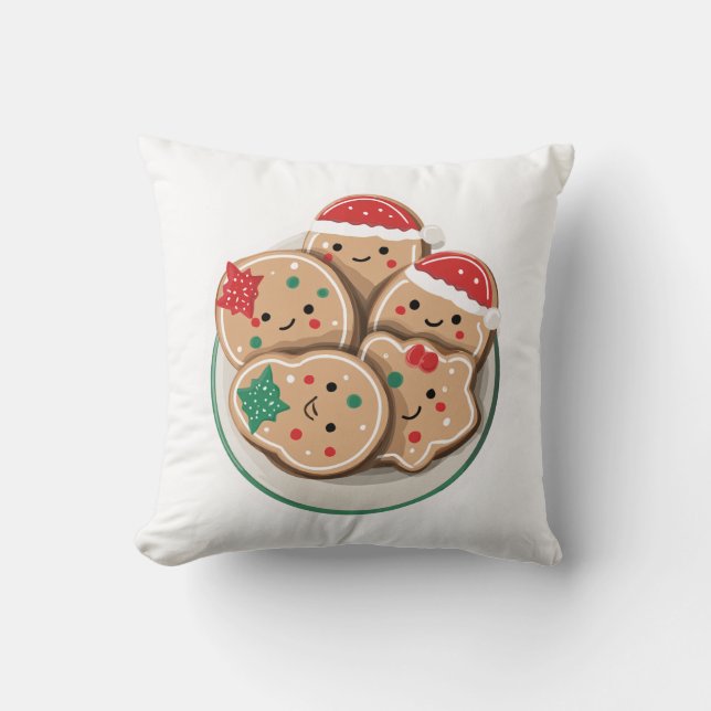 Cute Xmas Cookies on Plate – Smiling Holiday Cushion (Front)