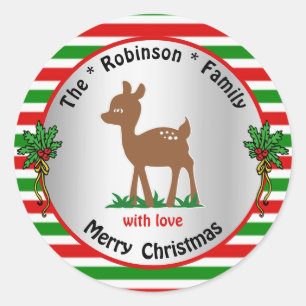 Cute Xmas Deer Traditional Red and Green Striped Classic Round Sticker