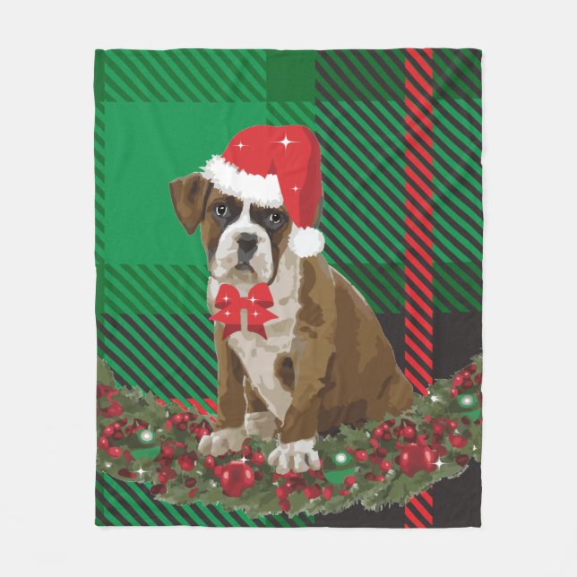 Cute Xmas Dog Santa Hat Green Plaid Sherpa Blanket (Front)