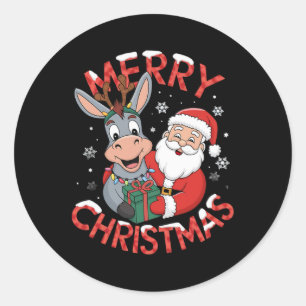 Cute Xmas Donkey Santa On Donkey Christmas Classic Round Sticker