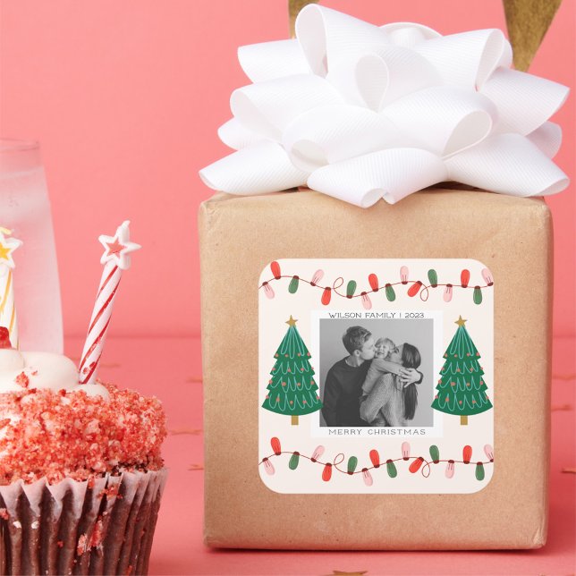 Cute Xmas Family Photo christmas holiday postcard Square Sticker (Creator Uploaded)