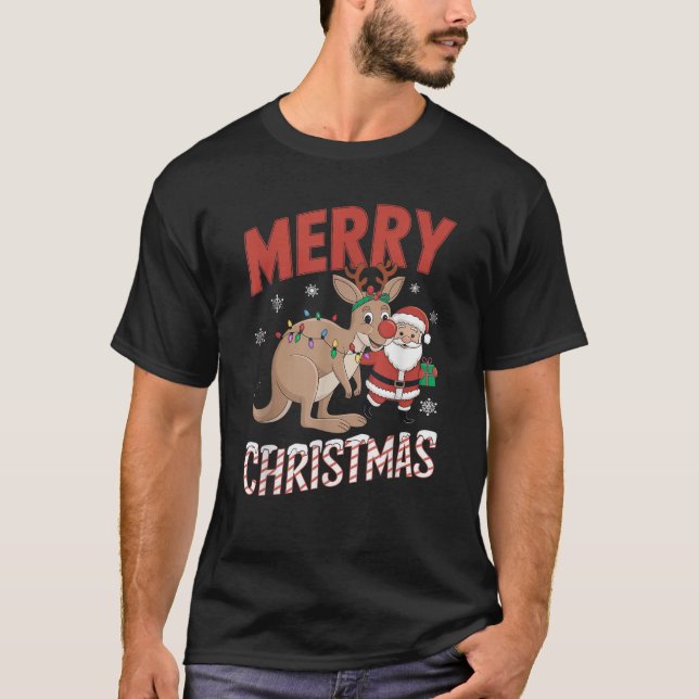 Cute Xmas Kangaroo Santa on Kangaroo Christmas  T-Shirt (Front)