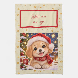 Cute Xmas Puppy, Own Message Christmas Tea Towel