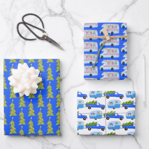 Cute Xmas RV Camper Trees Trailers Holiday Blue Wrapping Paper Sheet