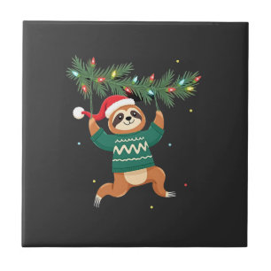 Cute Xmas Sloth Santa Hat Christmas Sloth - Tree L Ceramic Tile