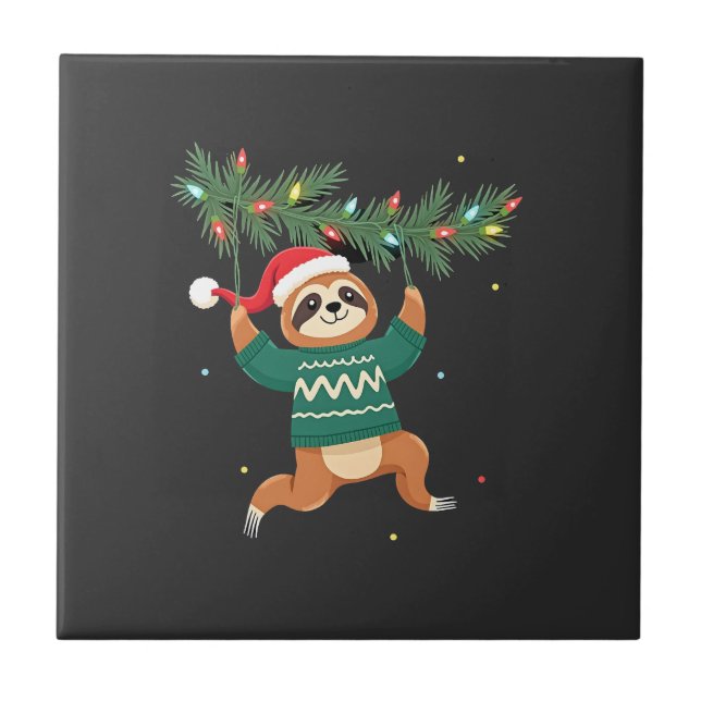 Cute Xmas Sloth Santa Hat Christmas Sloth - Tree L Ceramic Tile (Front)