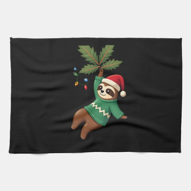 Cute Xmas Sloth Santa Hat Christmas Sloth - Tree L Tea Towel (Horizontal)