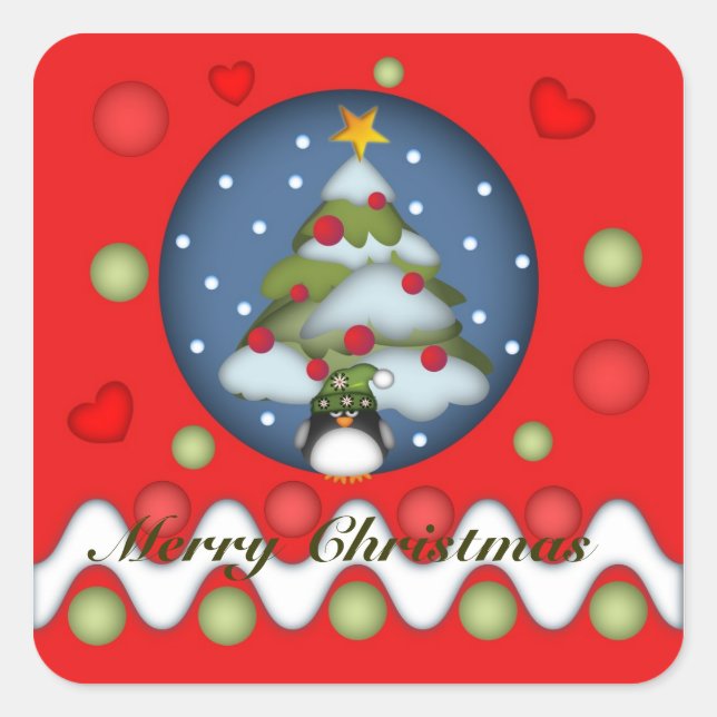 Cute Xmas sticker with tree, penguin & text (Front)