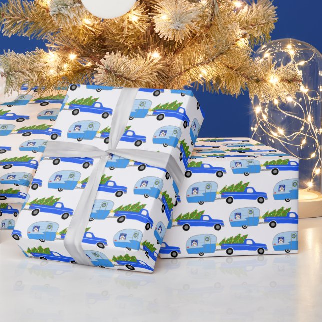 Cute Xmas Trailers RVs Trucks Blue Christmas Wrapping Paper (Holidays)