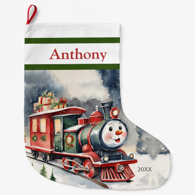 Cute Xmas Train Boys Large Christmas Stocking (Front)