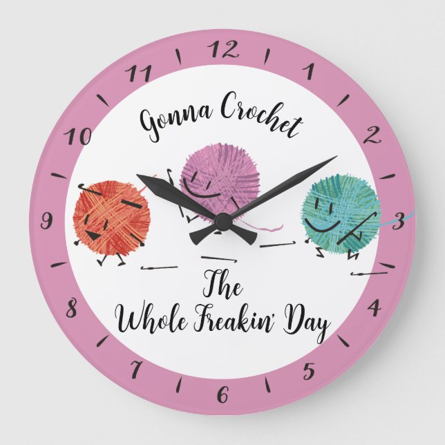 Cute yarn characters crochet hooks personalised large clock (Front)