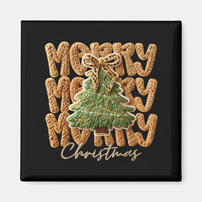 Cute Yarn Crochet Preppy Merry Christmas Tree Bow  Magnet (Front)