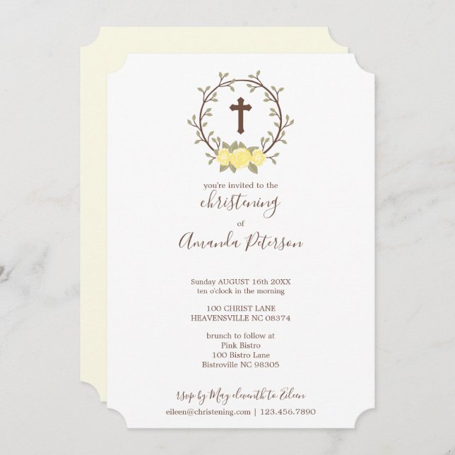 Cute Yello Floral Wreath Cross Baptism Christening Invitation (Front/Back)