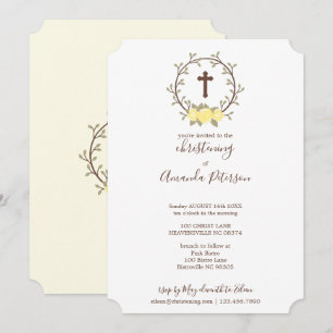 Cute Yello Floral Wreath Cross Baptism Christening Invitation