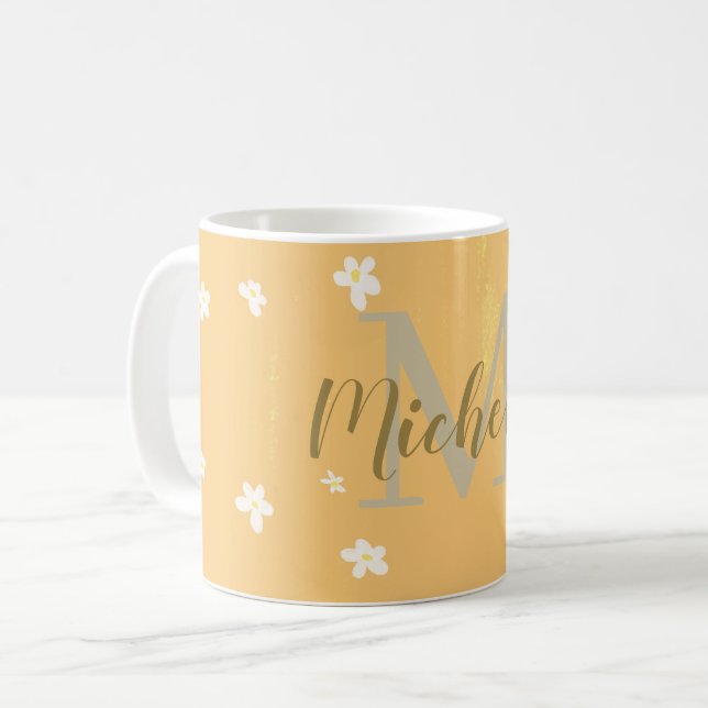 Cute Yellow Aesthetic Daisies Girly Monogrammed Coffee Mug (Front Left)