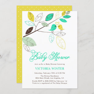 Cute Yellow and Aqua Birds Botanical Baby Shower Invitation