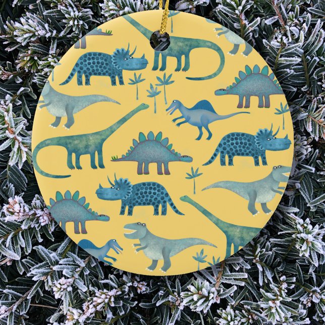 Cute Yellow and Blue Dinosaurs Ceramic Ornament (Fun blue dinosaurs Christmas ornament)