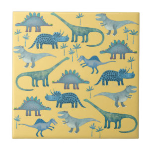 Cute Yellow and Blue Dinosaurs Ceramic Tile