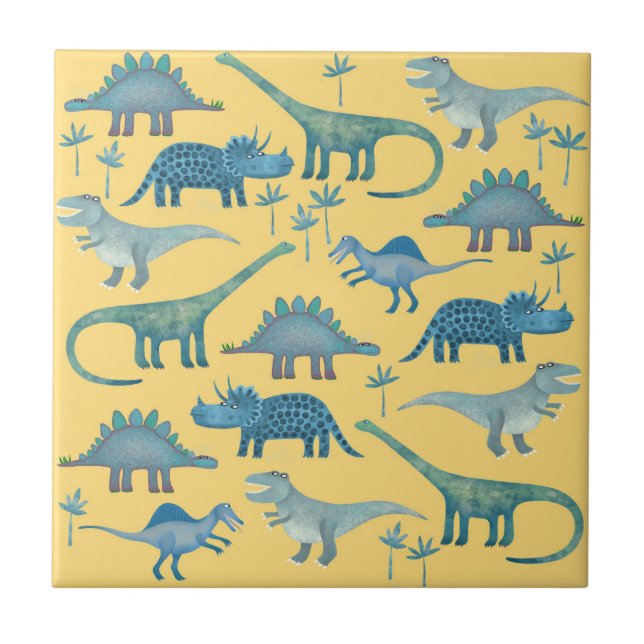 Cute Yellow and Blue Dinosaurs Ceramic Tile (Front)