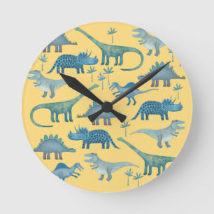 Cute Yellow and Blue Dinosaurs Round Clock