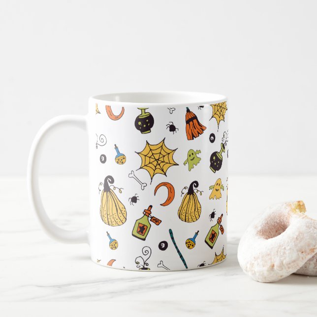 Cute Yellow and Green Boo Halloween Pattern Mug (With Donut)