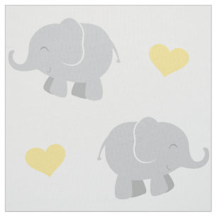Cute Yellow and Grey Elephants and Hearts Pattern Fabric