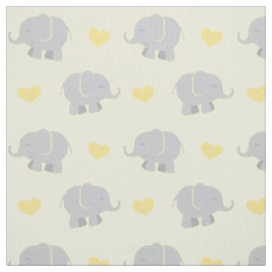 Cute Yellow and Grey Elephants and Hearts Pattern Fabric