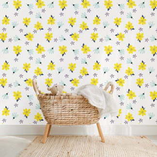 Cute Yellow And Teal Blue Daisy Flowers Pattern Wallpaper