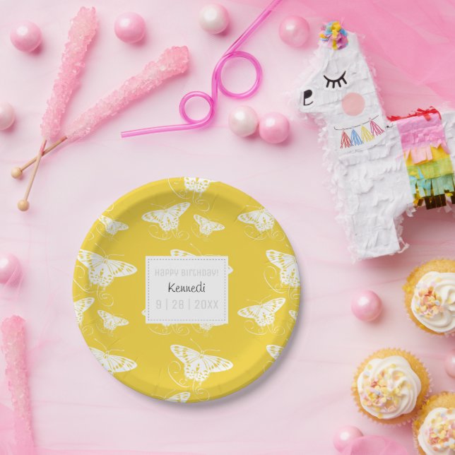Cute Yellow And White Paper Plate With Butterflies (Party)