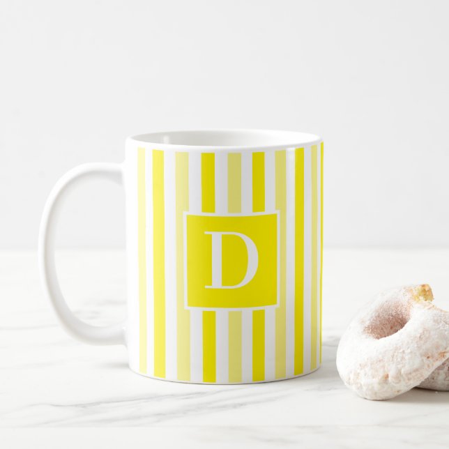 Cute Yellow and White Striped Single Initial Coffee Mug (With Donut)
