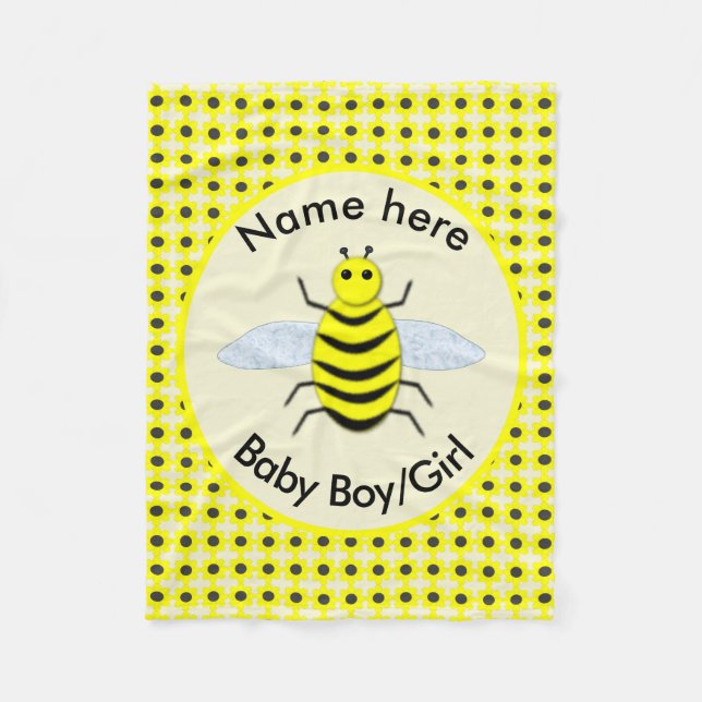 Cute Yellow Baby Bee Gender Reveal Neutral Custom Fleece Blanket (Front)