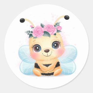 Cute Yellow Baby Bumble Bee Pink Roses Classic Round Sticker