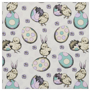 Cute Yellow Baby Chicks & Polka Dot Easter Eggs  Fabric