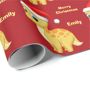 Cute Yellow Baby Dinosour with Santa Hat Wrapping Paper