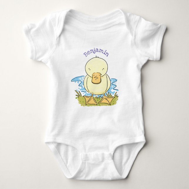 Cute yellow baby duckling cartoon illustration bodysuit (Front)