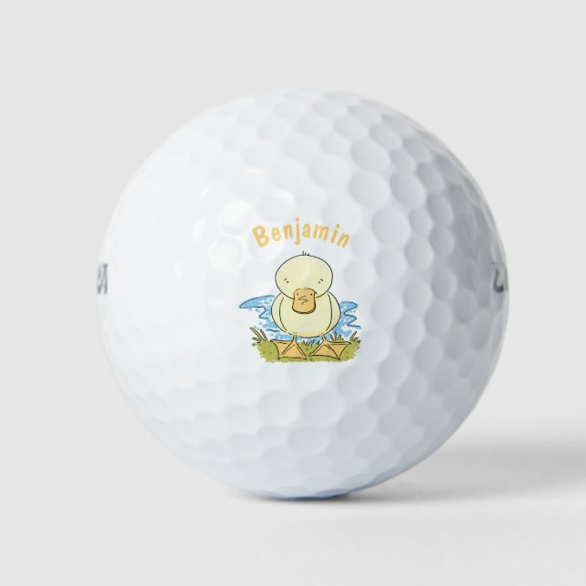 Cute yellow baby duckling cartoon illustration golf balls (Front)