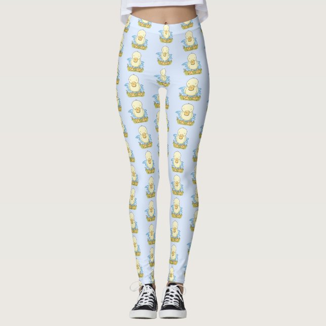 Cute yellow baby duckling cartoon illustration leggings (Front)