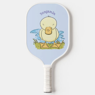 Cute yellow baby duckling cartoon illustration  pickleball paddle