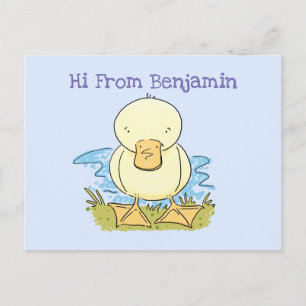 Cute yellow baby duckling cartoon illustration postcard