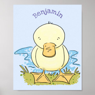 Cute yellow baby duckling cartoon illustration poster