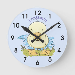 Cute yellow baby duckling cartoon illustration round clock