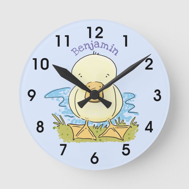 Cute yellow baby duckling cartoon illustration round clock (Front)