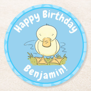 Cute yellow baby duckling cartoon illustration round paper coaster